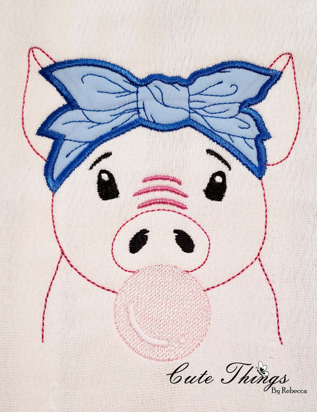 Bubblegum Pig Applique Bow DIGITAL Embroidery File,  4x4, 5x7, 6x10, 7x12,