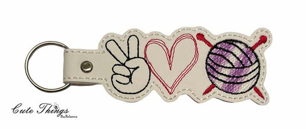 Peace Love Knitting DIGITAL Embroidery File, In The Hoop Key fob, Snap tab, Keychain, Bag Tag