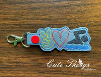 Peace Love Swimming DIGITAL Embroidery File, In The Hoop Key fob, Snap tab, Keychain, Bag Tag