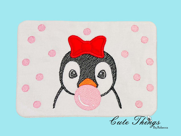 Bubblegum Penguin Applique Bow Mug Rug, Snack Mat  DIGITAL Embroidery File, In The Hoop 5x7, 6x10