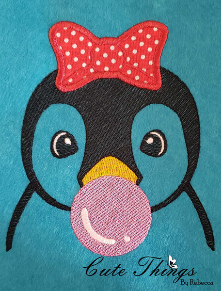 Bubblegum Penguin Applique Bow DIGITAL Embroidery File,  4x4, 5x7, 6x10, 7x12,