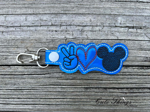 Peace Love Mouse Ears DIGITAL Embroidery File, In The Hoop Key fob, Snap tab, Keychain, Bag Tag