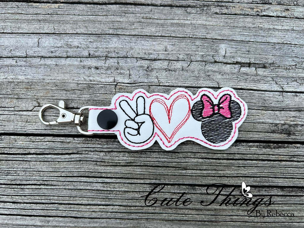 Peace Love Mouse Ears With Bow DIGITAL Embroidery File, In The Hoop Key fob, Snap tab, Keychain, Bag Tag