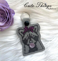 Bubblegum Raccoon DIGITAL Embroidery File, In The Hoop Key fob, Snap tab, Keychain, Bag Tag