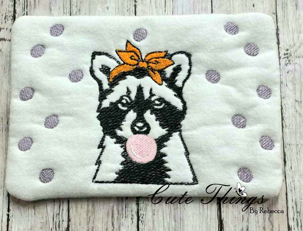 Bubblegum Raccoon Mug Rug, Snack Mat  DIGITAL Embroidery File, In The Hoop 5x7, 6x10