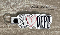 Peace Love Depp DIGITAL Embroidery File, In The Hoop Key fob, Snap tab, Keychain, Bag Tag