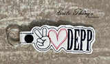 Peace Love Depp DIGITAL Embroidery File, In The Hoop Key fob, Snap tab, Keychain, Bag Tag