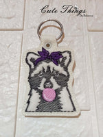 Bubblegum Raccoon DIGITAL Embroidery File, In The Hoop Key fob, Snap tab, Keychain, Bag Tag