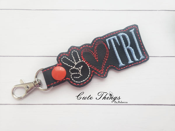 Peace Love Tri DIGITAL Embroidery File, In The Hoop Key fob, Snap tab, Keychain, Bag Tag