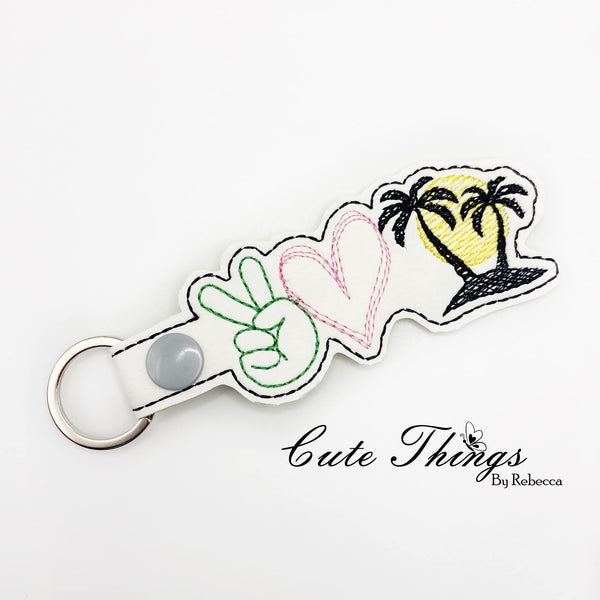 Peace Love Beach DIGITAL Embroidery File, In The Hoop Key fob, Snap tab, Keychain, Bag Tag