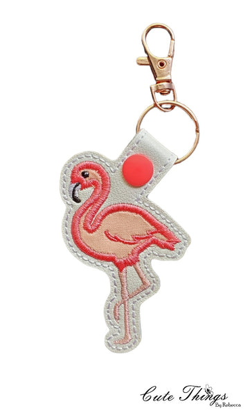 Flamingo Applique DIGITAL Embroidery File, In The Hoop Key fob, Snap tab, Keychain, Bag Tag