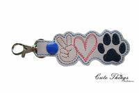Peace Love Paw DIGITAL Embroidery File, In The Hoop Key fob, Snap tab, Keychain, Bag Tag