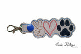 Peace Love Paw DIGITAL Embroidery File, In The Hoop Key fob, Snap tab, Keychain, Bag Tag