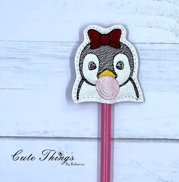 Bubblegum Penguin DIGITAL Embroidery File, In The Hoop, Pencil Topper