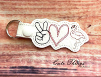 Peace Love Flamingo DIGITAL Embroidery File, In The Hoop Key fob, Snap tab, Keychain, Bag Tag