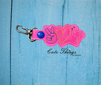 Peace Love Flamingo DIGITAL Embroidery File, In The Hoop Key fob, Snap tab, Keychain, Bag Tag