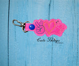 Peace Love Flamingo DIGITAL Embroidery File, In The Hoop Key fob, Snap tab, Keychain, Bag Tag