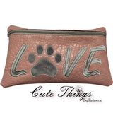 Love  Reverse Applique Paw  Bag DIGITAL Embroidery File, In The Hoop,  three sizes available  5x7, 6x10, 7x12 money purse, makeup bag, personals bag.