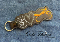 Peace Love Motorcycle DIGITAL Embroidery File, In The Hoop Key fob, Snap tab, Keychain, Bag Tag