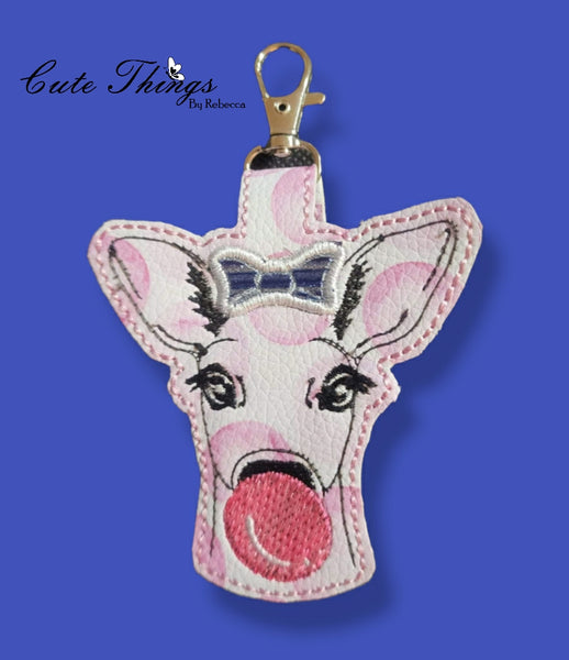 Bubblegum Deer Applique Bow DIGITAL Embroidery File, In The Hoop Key fob, Snap tab, Keychain, Bag Tag