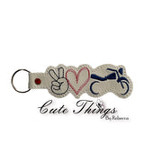 Peace Love Motorcycle DIGITAL Embroidery File, In The Hoop Key fob, Snap tab, Keychain, Bag Tag