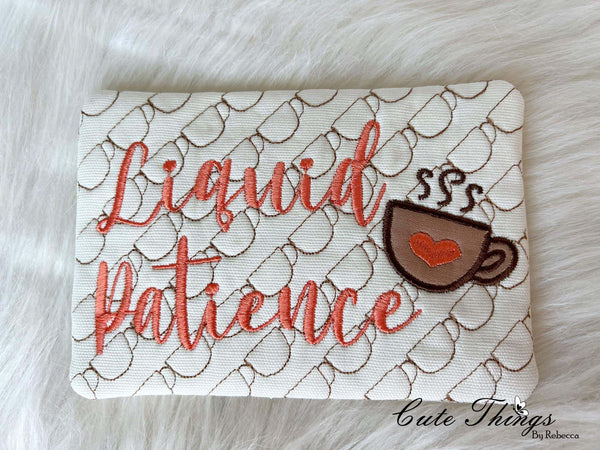 Liquid Patience Applique Cup Mug Rug, Snack Mat  DIGITAL Embroidery File, In The Hoop 5x7, 6x10