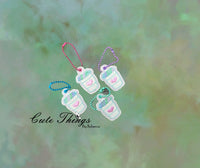 To Go Coffee Cup Charms , Zipper Pulls, DIGITAL Embroidery File, In The Hoop, Keychain, Bag Tag, Eyelet