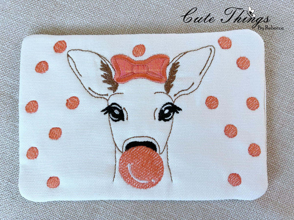 Bubblegum Deer Applique Bow Mug Rug, Snack Mat  DIGITAL Embroidery File, In The Hoop 5x7, 6x10