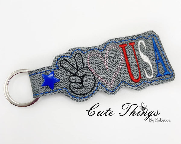 Peace Love USA DIGITAL Embroidery File, In The Hoop Key fob, Snap tab, Keychain, Bag Tag