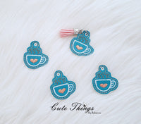 Coffee Cup Charms , Zipper Pulls, DIGITAL Embroidery File, In The Hoop, Keychain, Bag Tag, Eyelet