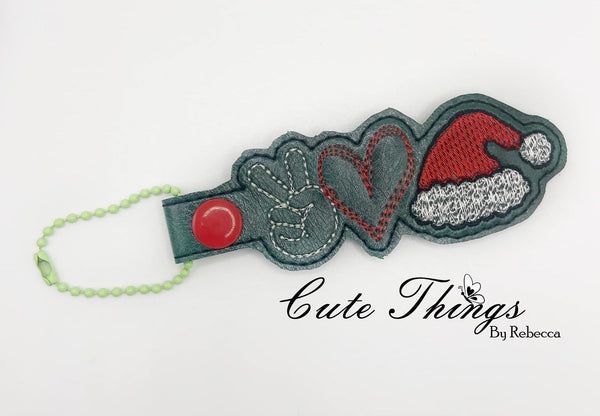 Peace Love Santa Hat DIGITAL Embroidery File, In The Hoop Key fob, Snap tab, Keychain, Bag Tag