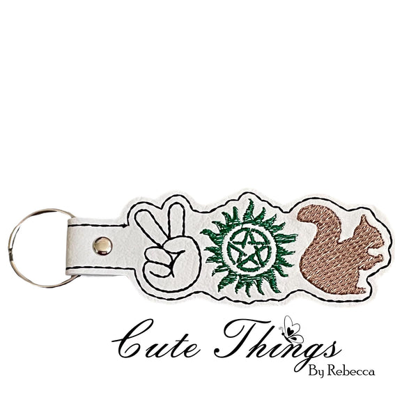 Peace Supernatural Squirrel (Dean) DIGITAL Embroidery File, In The Hoop Key fob, Snap tab, Keychain, Bag Tag