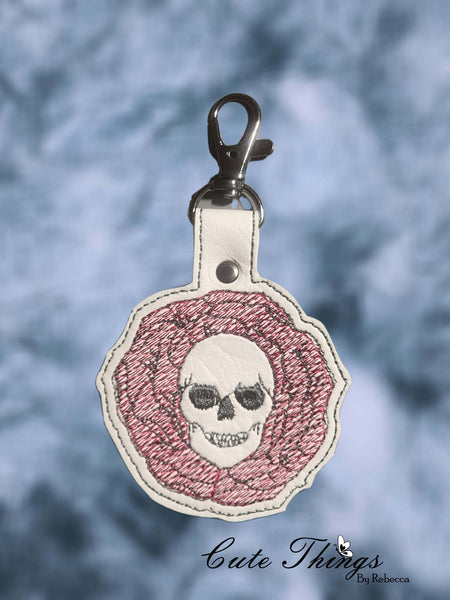 Skull Flower DIGITAL Embroidery File, In The Hoop Key fob, Snap tab, Keychain, Bag Tag