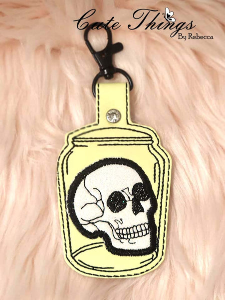 Skull In a Jar Applique DIGITAL Embroidery File, In The Hoop Key fob, Snap tab, Keychain, Bag Tag