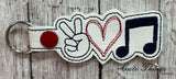 Peace Love Music DIGITAL Embroidery File, In The Hoop Key fob, Snap tab, Keychain, Bag Tag
