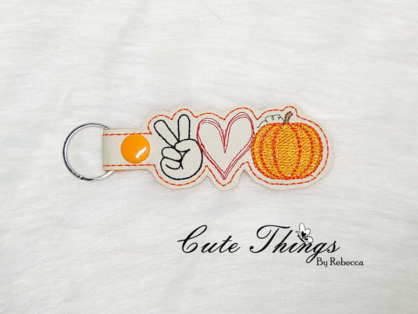 Peace Love Pumpkin DIGITAL Embroidery File, In The Hoop Key fob, Snap tab, Keychain, Bag Tag