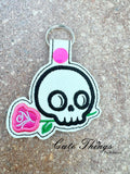 Skull with Rose Applique DIGITAL Embroidery File, In The Hoop Key fob, Snap tab, Keychain, Bag Tag