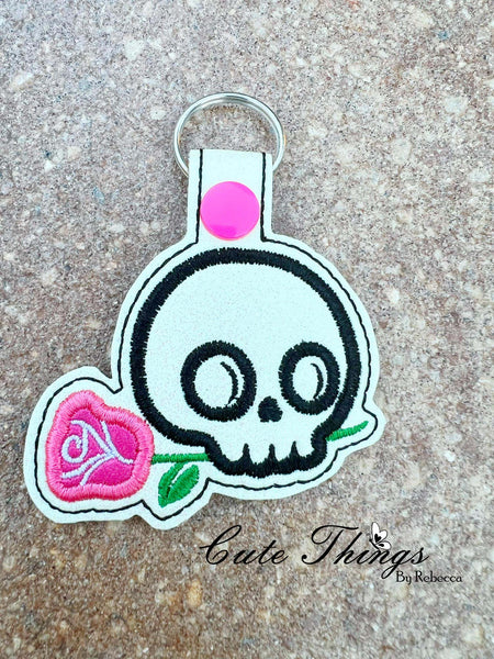 Skull with Rose Applique DIGITAL Embroidery File, In The Hoop Key fob, Snap tab, Keychain, Bag Tag