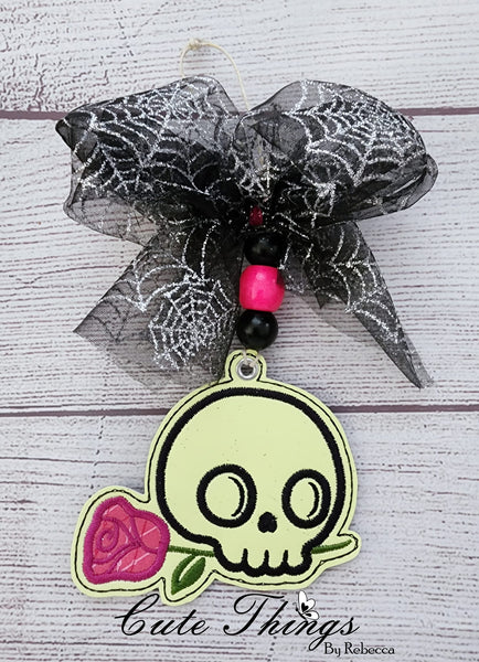 Skull with Rose Applique DIGITAL Embroidery File, In The Hoop Bookmark, Ornament, Gift Bag Tag, Eyelet