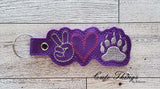 Peace Love Bear Paw DIGITAL Embroidery File, In The Hoop Key fob, Snap tab, Keychain, Bag Tag