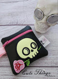 Skull with Rose Applique Bag DIGITAL Embroidery File, In The Hoop, four sizes available 4x4,  5x7, 6x10, 7x12 money purse, makeup bag, personals bag.