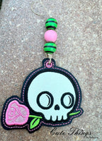 Skull with Rose Applique DIGITAL Embroidery File, In The Hoop Bookmark, Ornament, Gift Bag Tag, Eyelet