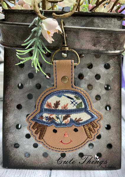 Cute Scarecrow Applique DIGITAL Embroidery File, In The Hoop Key fob, Snap tab, Keychain, Bag Tag