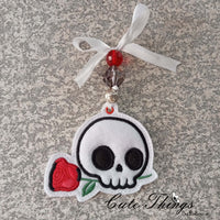 Skull with Rose Applique DIGITAL Embroidery File, In The Hoop Bookmark, Ornament, Gift Bag Tag, Eyelet