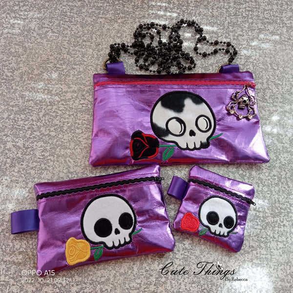 Skull with Rose Applique Bag DIGITAL Embroidery File, In The Hoop, four sizes available 4x4,  5x7, 6x10, 7x12 money purse, makeup bag, personals bag.