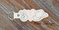 Peace Love Cowboy Hat DIGITAL Embroidery File, In The Hoop Key fob, Snap tab, Keychain, Bag Tag