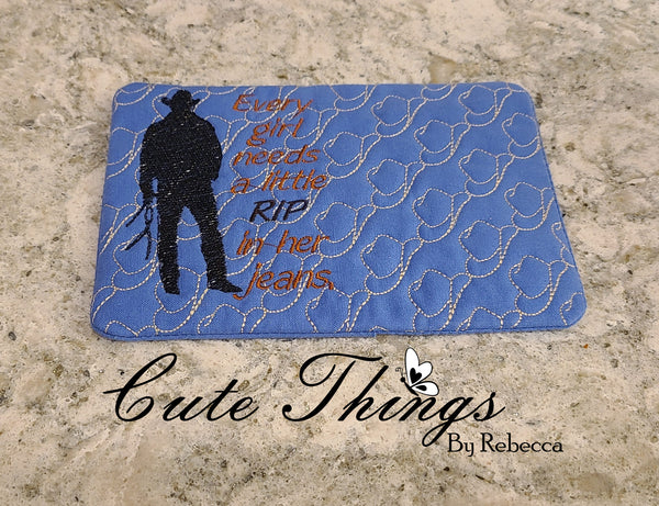 Rip in her Jeans Mug Rug, Snack Mat  DIGITAL Embroidery File, In The Hoop 5x7, 6x10