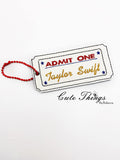 Taylor Swift Ticket DIGITAL Embroidery File, In The Hoop Bookmark, Ornament, Gift Bag Tag, Eyelet