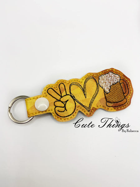 Peace Love Beer DIGITAL Embroidery File, In The Hoop Key fob, Snap tab, Keychain, Bag Tag