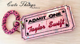 Taylor Swift Ticket DIGITAL Embroidery File, In The Hoop Bookmark, Ornament, Gift Bag Tag, Eyelet